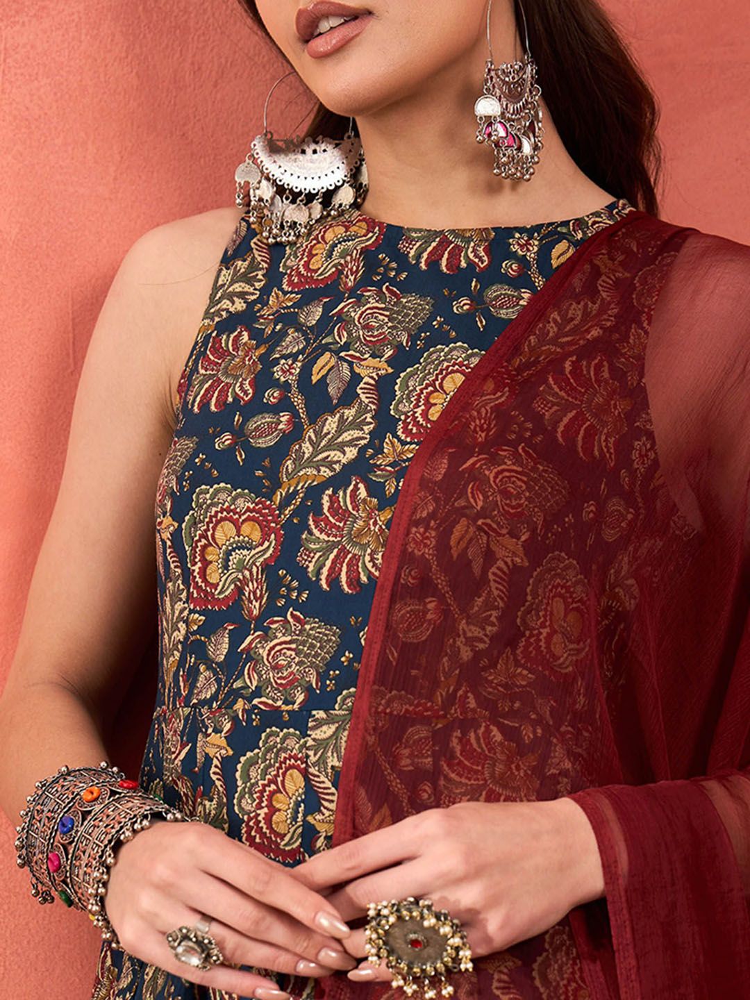 Floral Printed Boat Neck Pure Cotton Kurta With Palazzos & Dupatta