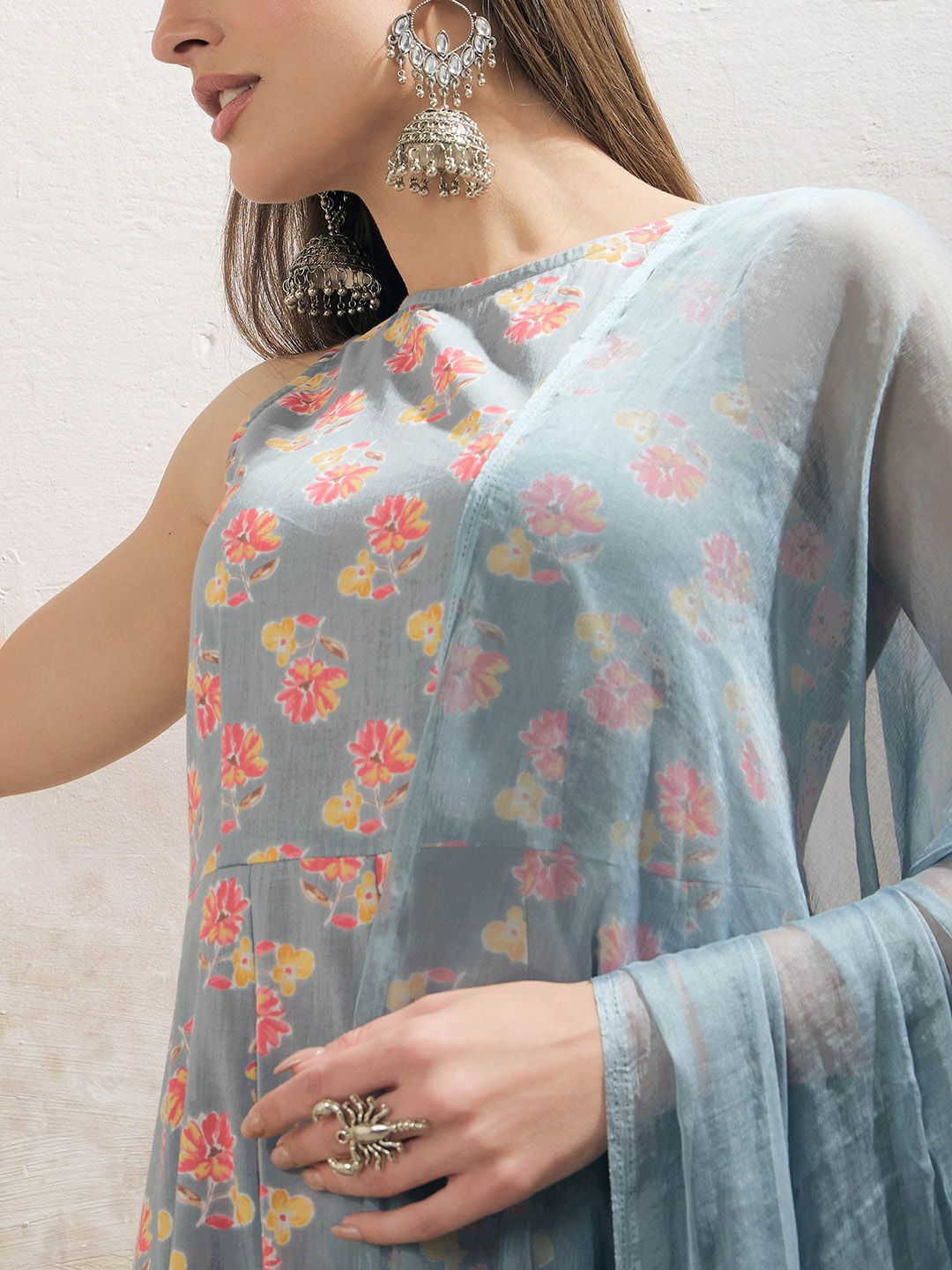 Floral Printed Boat Neck Pure Cotton Kurta With Palazzos & Dupatta