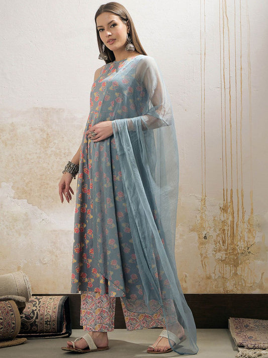Floral Printed Boat Neck Pure Cotton Kurta With Palazzos & Dupatta