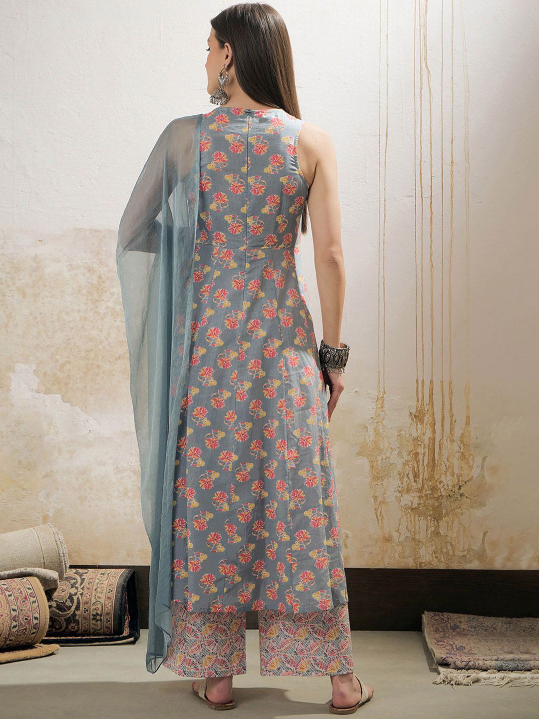 Floral Printed Boat Neck Pure Cotton Kurta With Palazzos & Dupatta