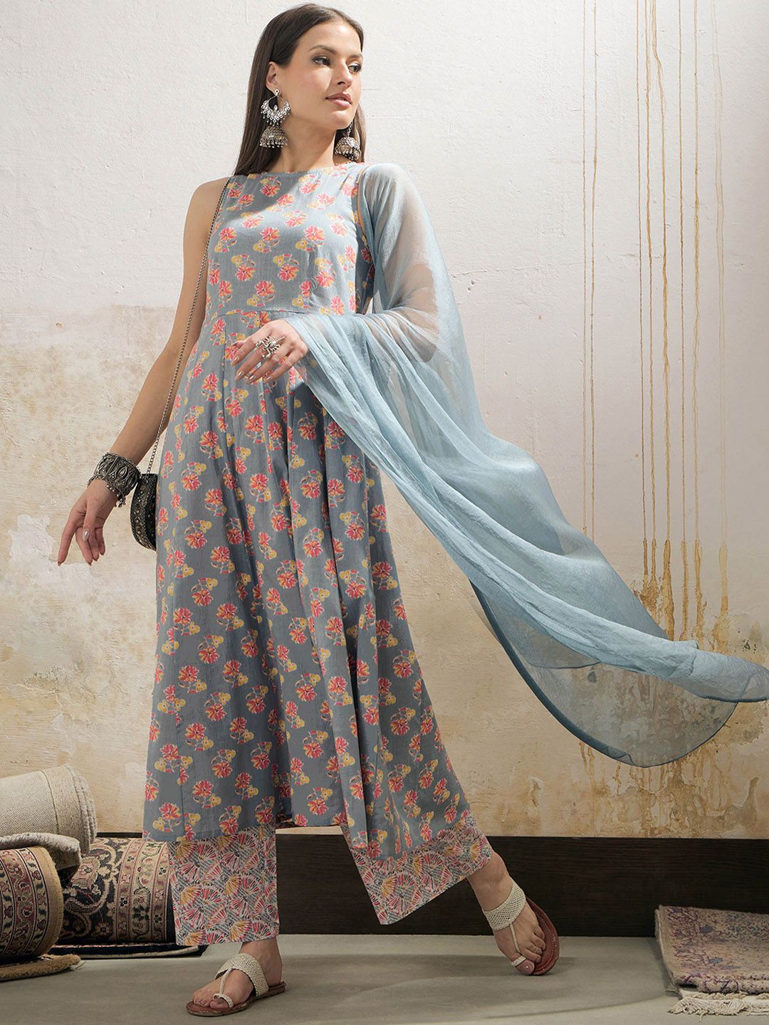 Floral Printed Boat Neck Pure Cotton Kurta With Palazzos & Dupatta