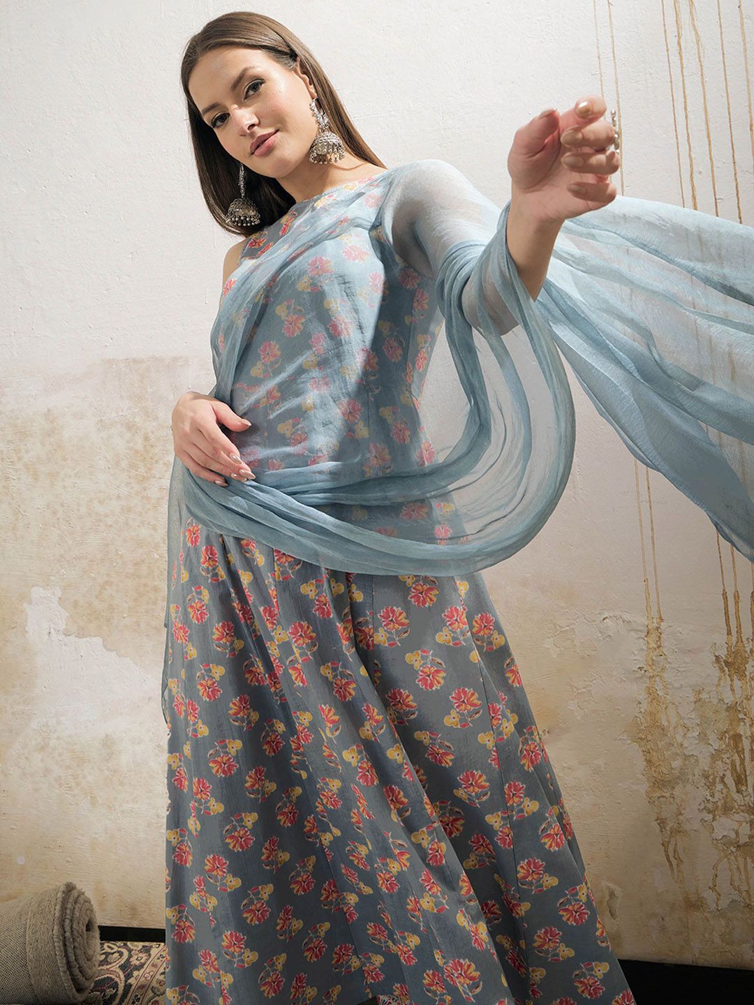 Floral Printed Boat Neck Pure Cotton Kurta With Palazzos & Dupatta