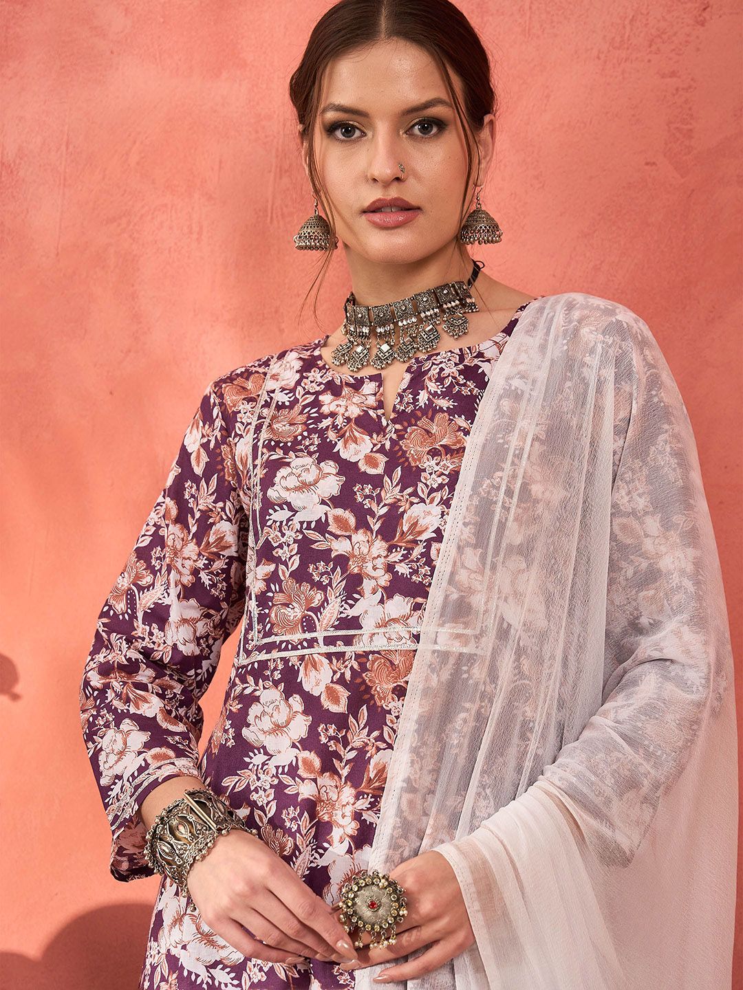 Floral Printed Cambric Cotton Straight Kurta With Palazzos & Dupatta