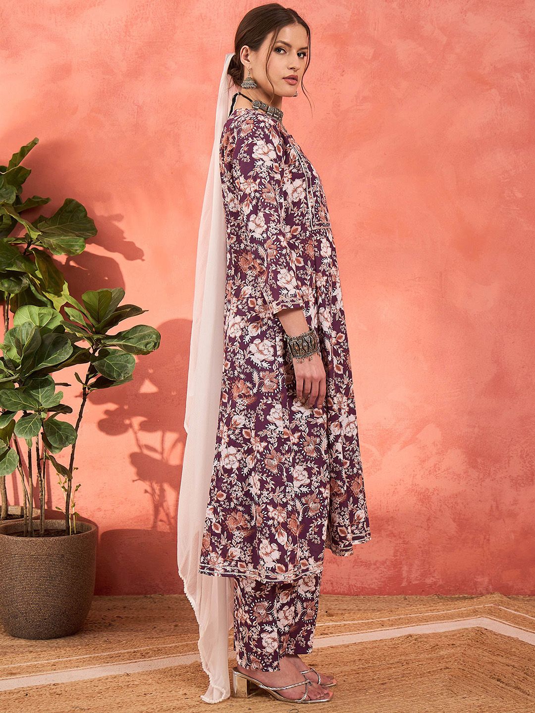 Floral Printed Cambric Cotton Straight Kurta With Palazzos & Dupatta