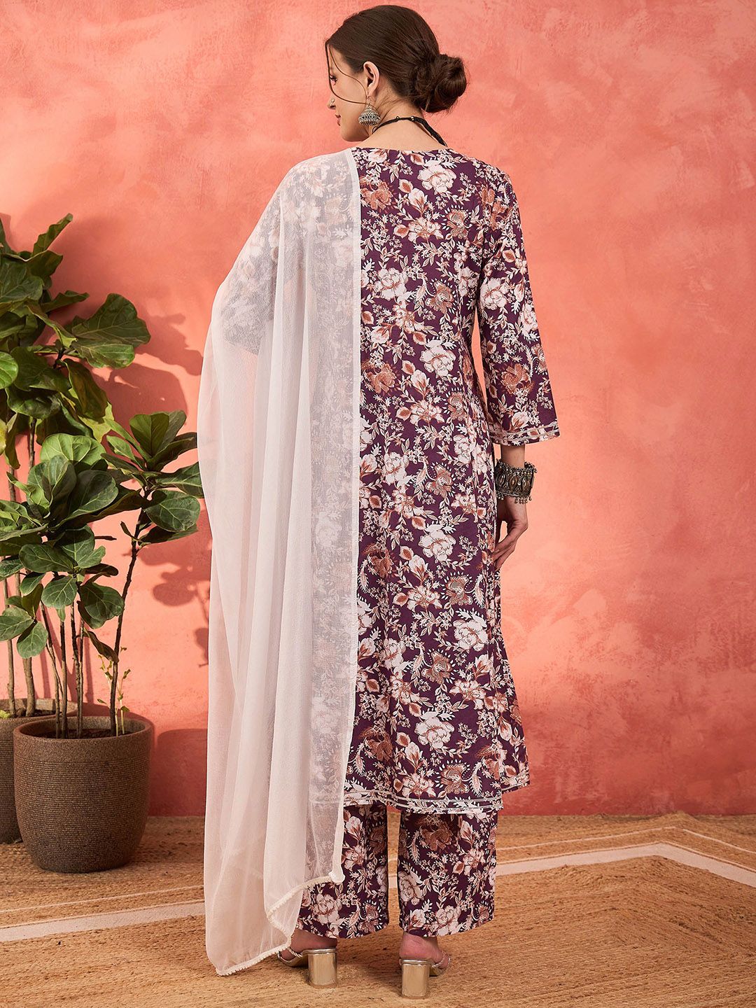 Floral Printed Cambric Cotton Straight Kurta With Palazzos & Dupatta