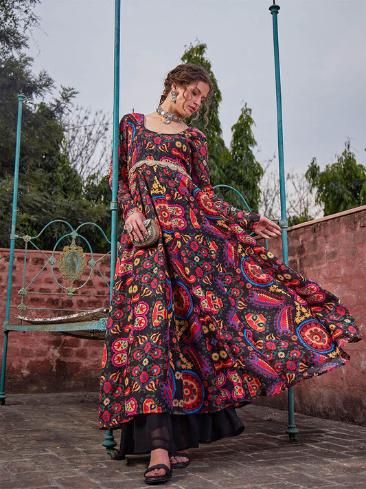 Floral Printed Empire Sequinned Anarkali Kurta