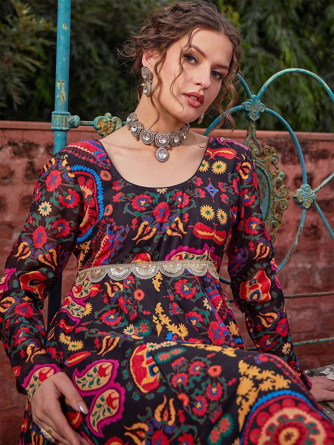 Floral Printed Empire Sequinned Anarkali Kurta