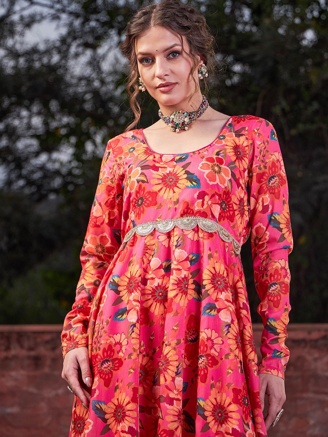 Floral Printed Empire Sequinned Anarkali Kurta