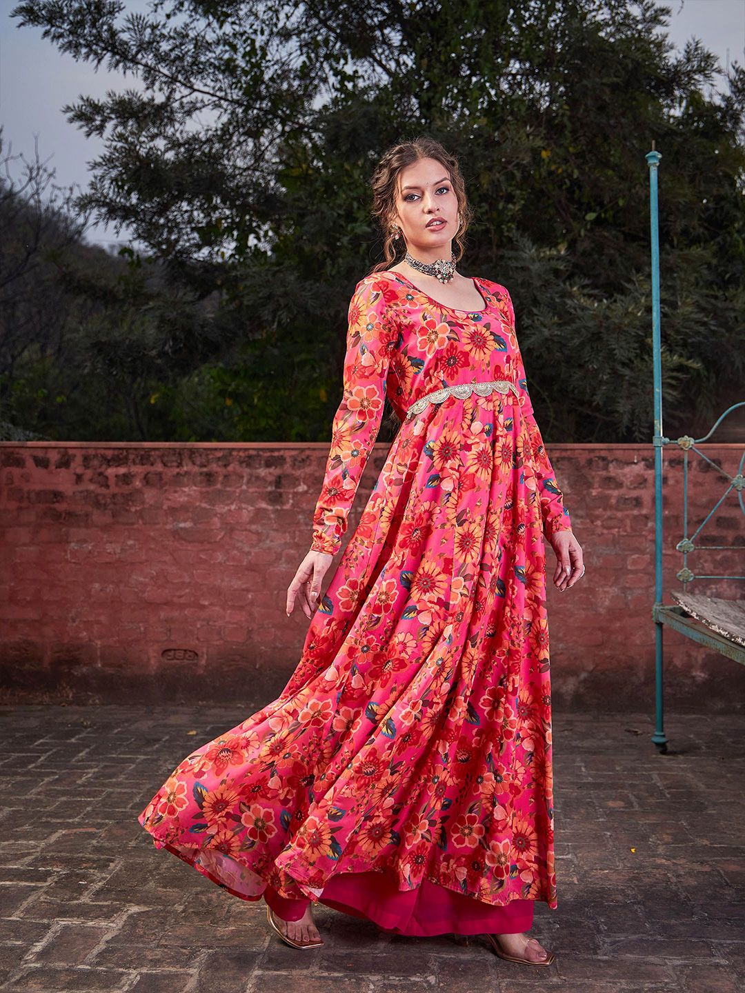 Floral Printed Empire Sequinned Anarkali Kurta