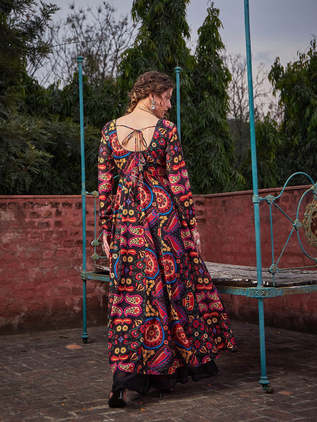 Floral Printed Empire Sequinned Anarkali Kurta