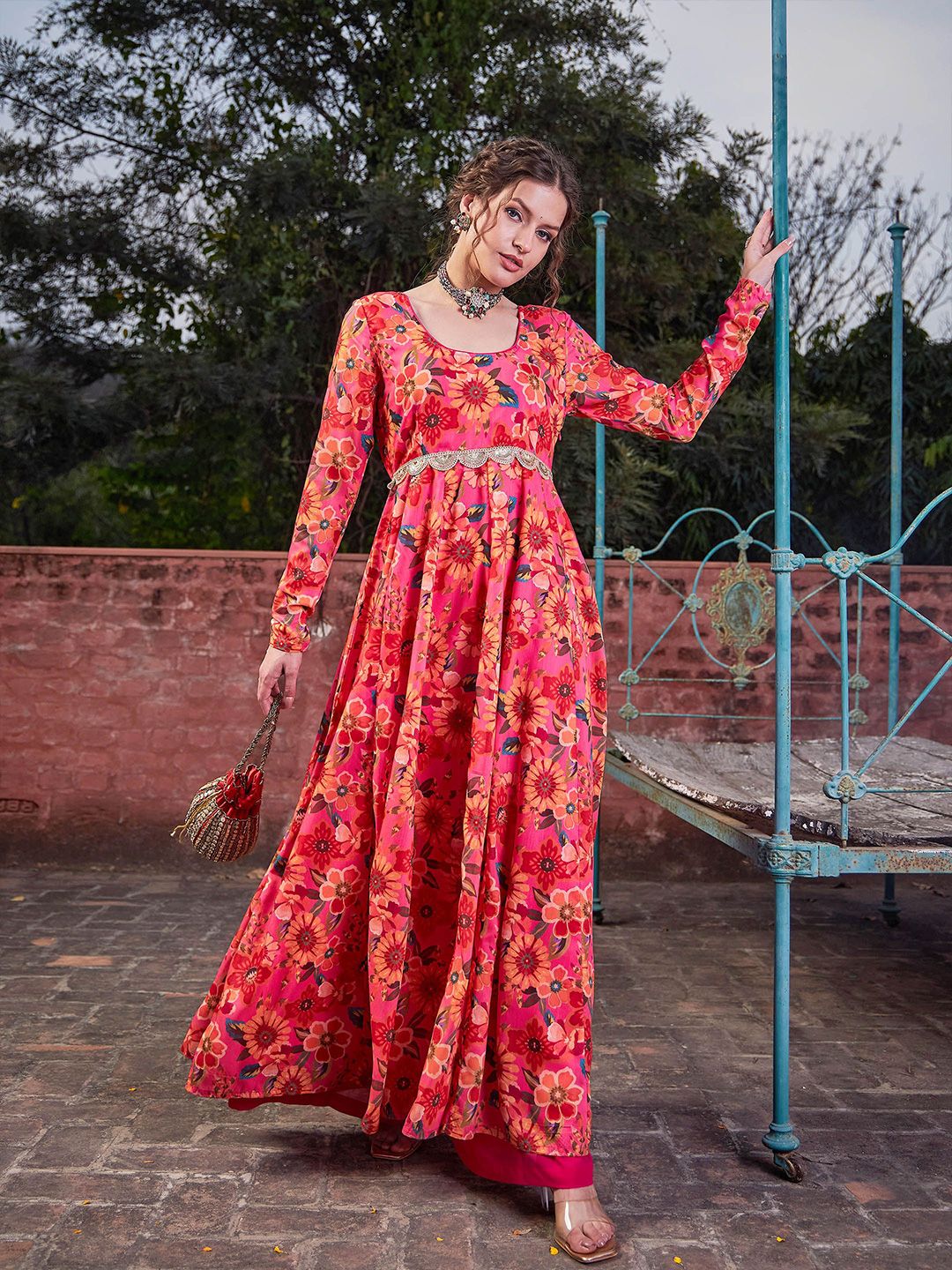 Floral Printed Empire Sequinned Anarkali Kurta