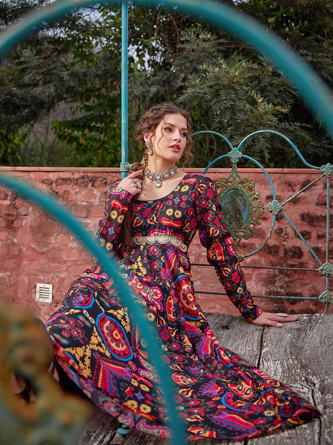 Floral Printed Empire Sequinned Anarkali Kurta