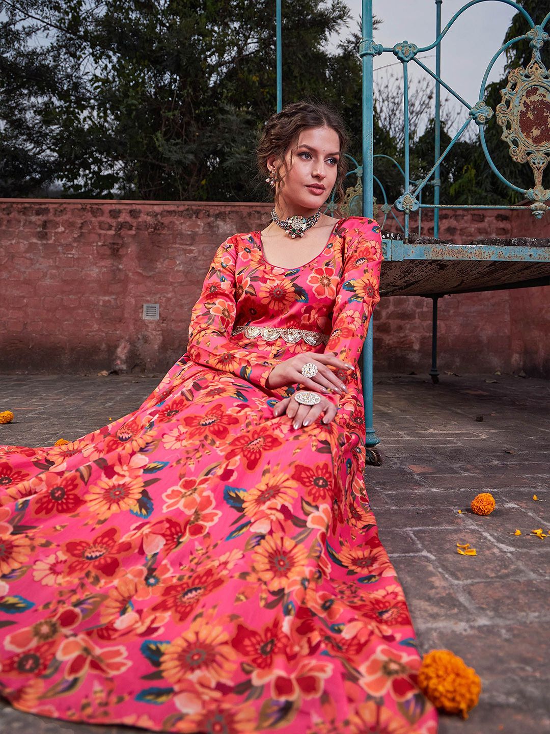 Floral Printed Empire Sequinned Anarkali Kurta