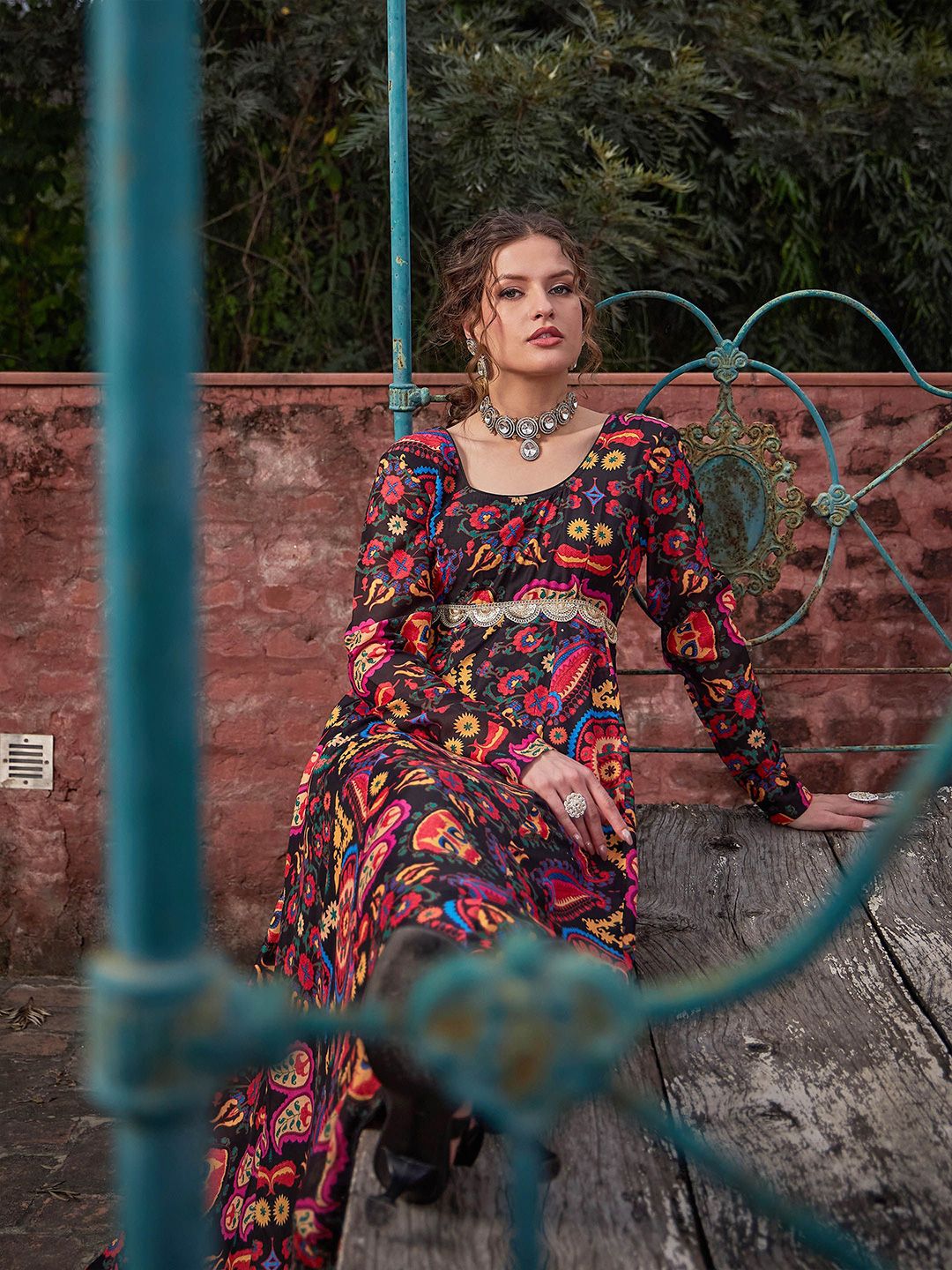 Floral Printed Empire Sequinned Anarkali Kurta