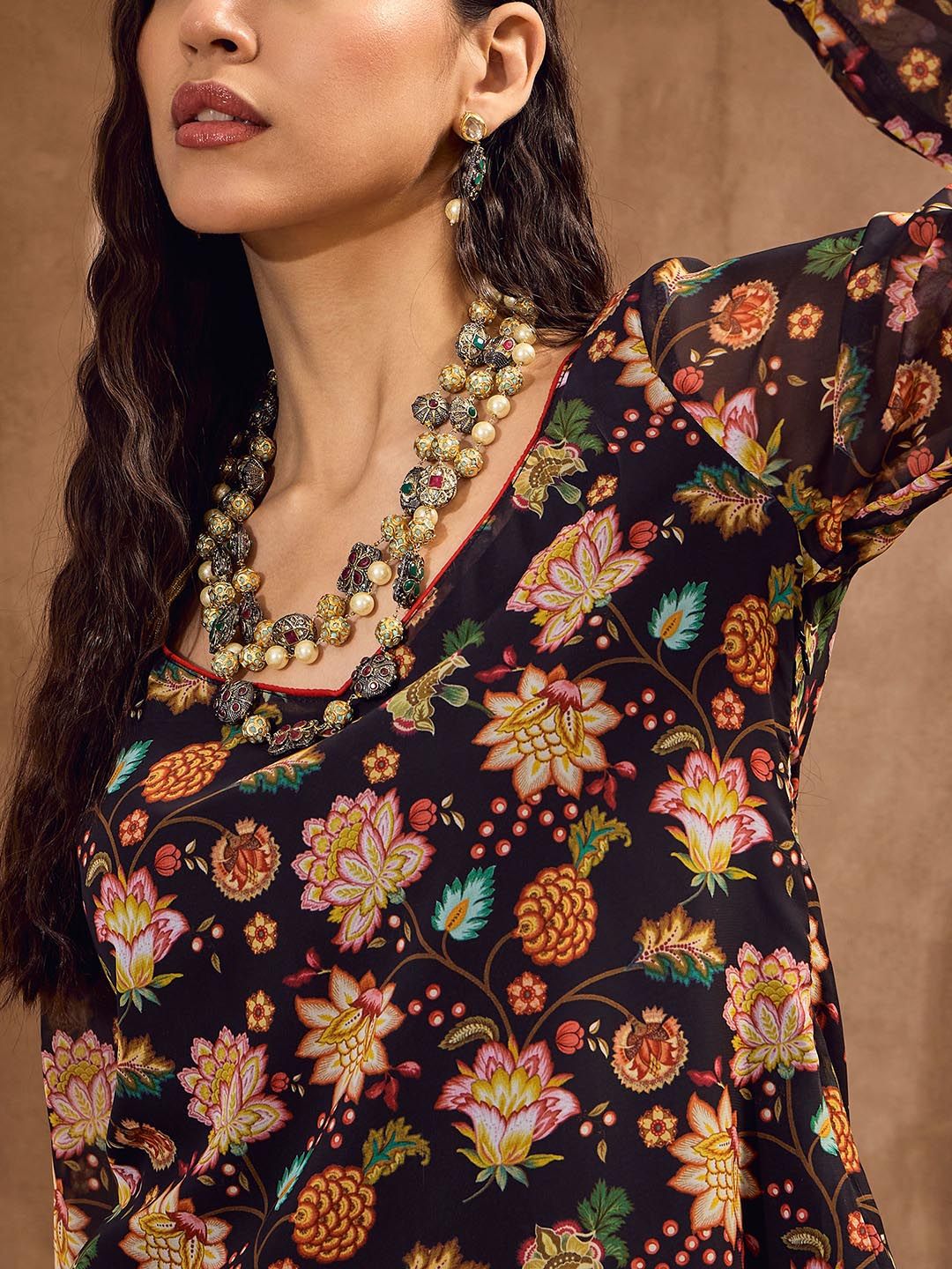 Floral Printed Gotta Patti Straight Kurti with Sharara