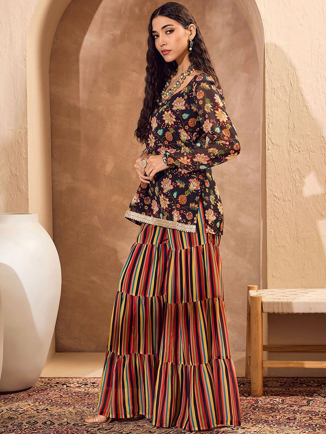 Floral Printed Gotta Patti Straight Kurti with Sharara