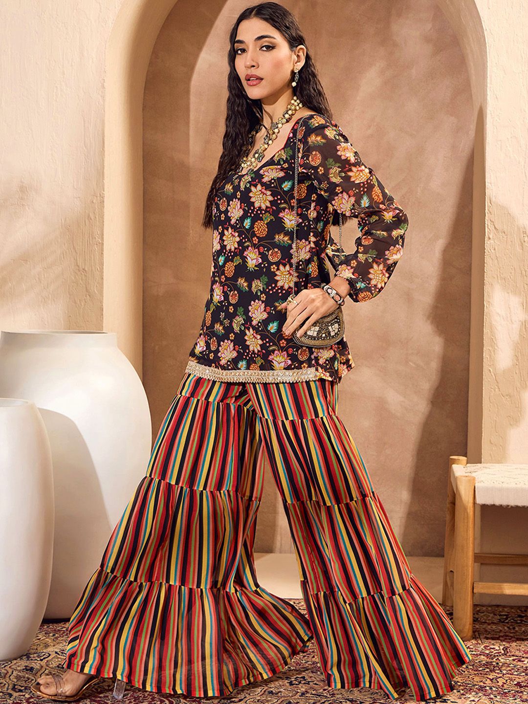 Floral Printed Gotta Patti Straight Kurti with Sharara