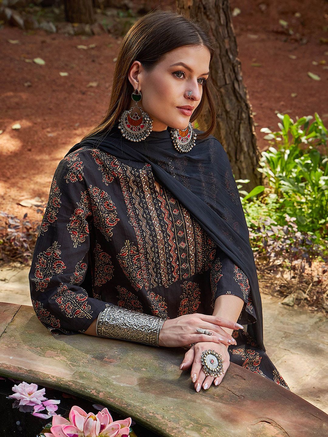 Floral Printed Mandarin Collar Pure Cotton Kurta With Palazzos & Dupatta