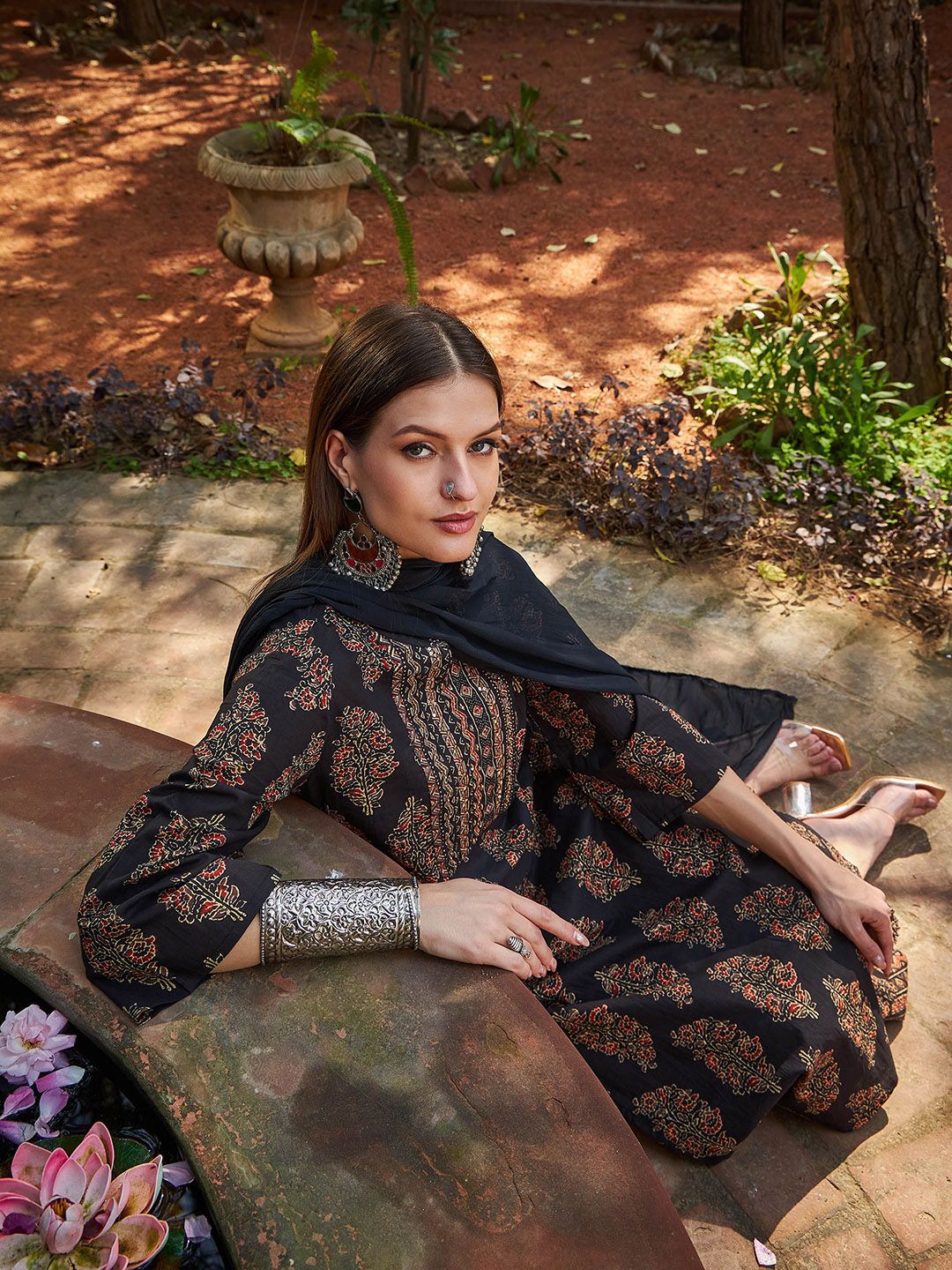 Floral Printed Mandarin Collar Pure Cotton Kurta With Palazzos & Dupatta
