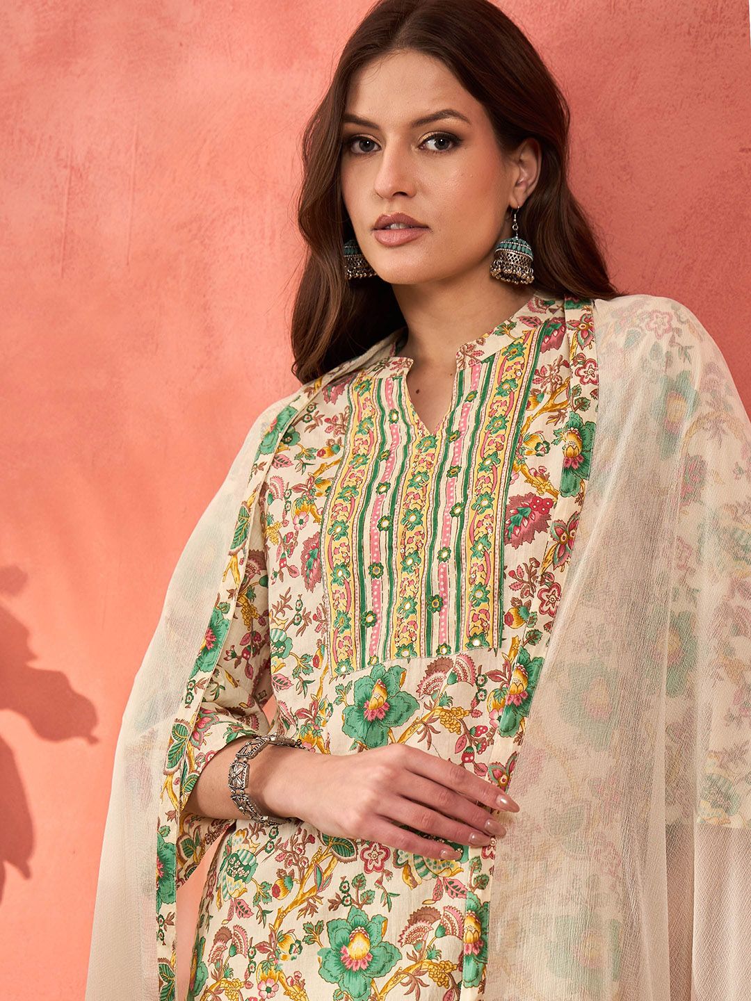 Floral Printed Mandarin Collar Pure Cotton Kurta With Trousers & Dupatta