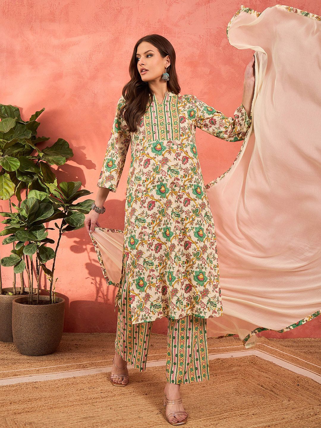 Floral Printed Mandarin Collar Pure Cotton Kurta With Trousers & Dupatta