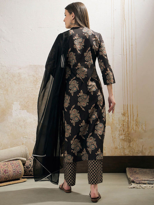 Floral Printed Mandarin Collar Pure Cotton Kurta With Trousers & Dupatta