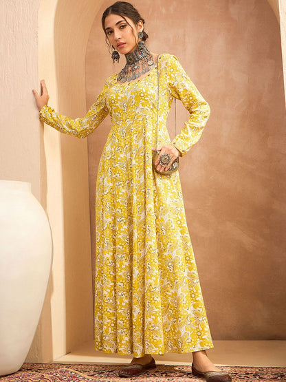 Floral Printed Mirror Work A-Line Kurta with Trouser