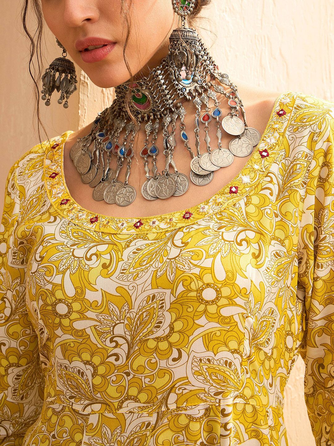 Floral Printed Mirror Work A-Line Kurta with Trouser