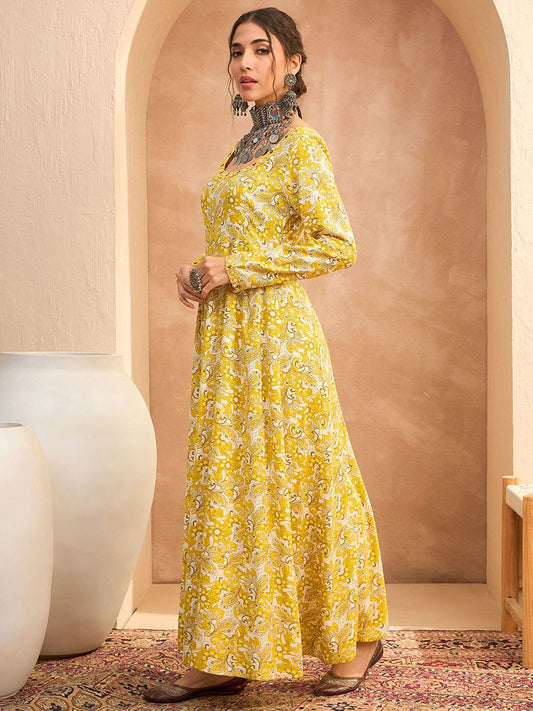Floral Printed Mirror Work A-Line Kurta with Trouser