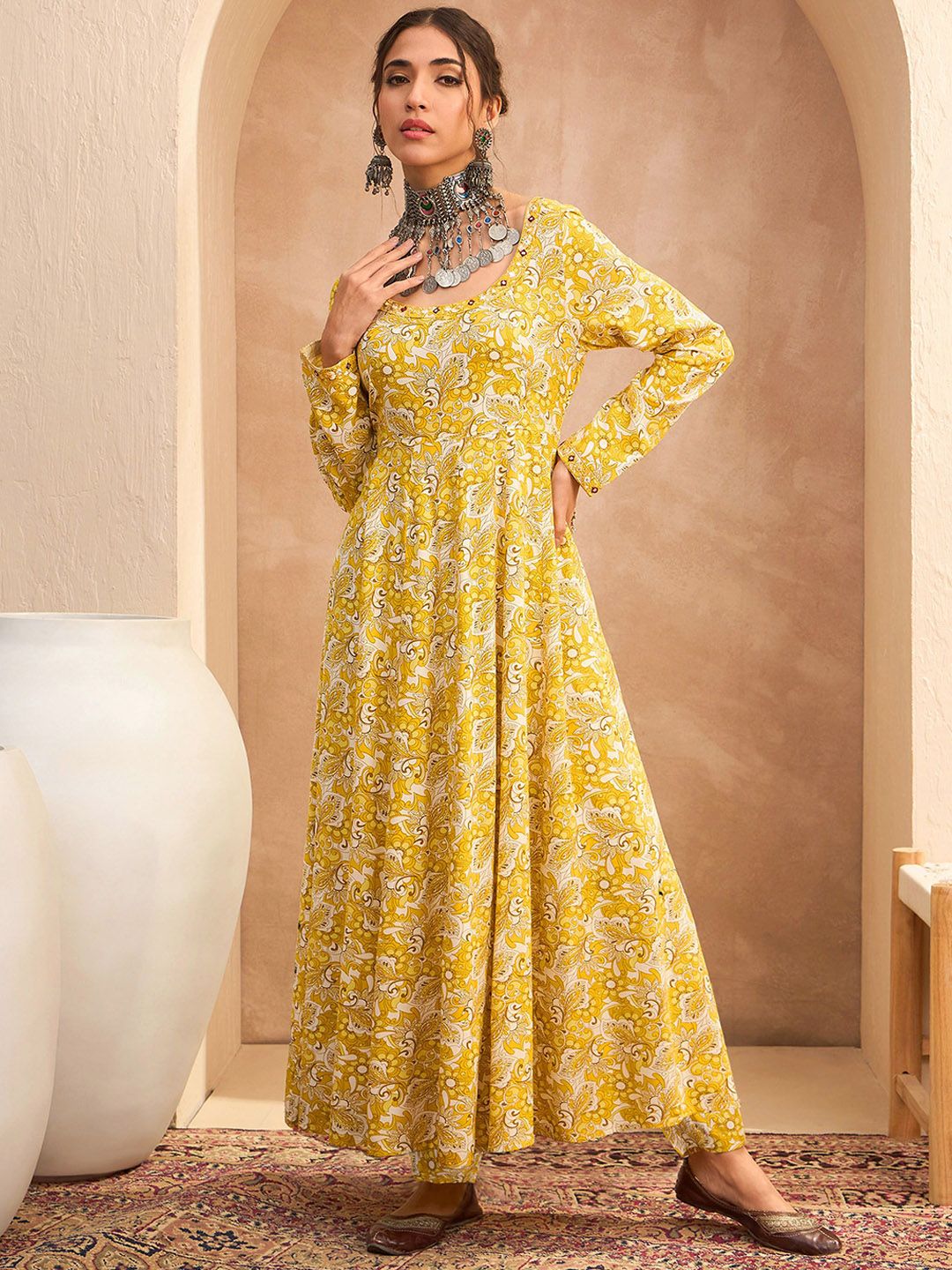 Floral Printed Mirror Work A-Line Kurta with Trouser