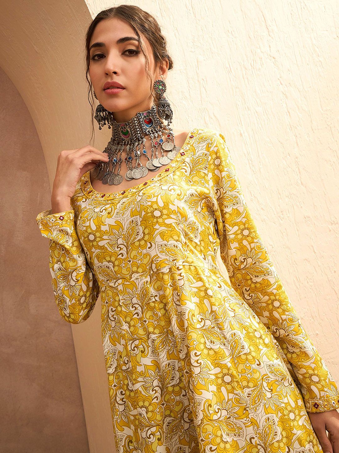 Floral Printed Mirror Work A-Line Kurta with Trouser