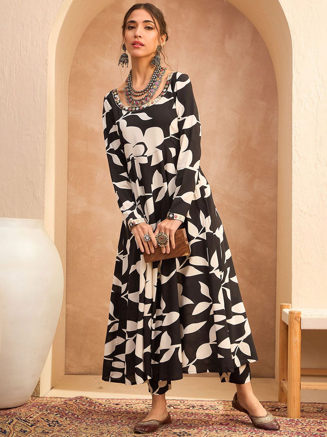 Floral Printed Mirror Work Anarkali Kurta with Trousers