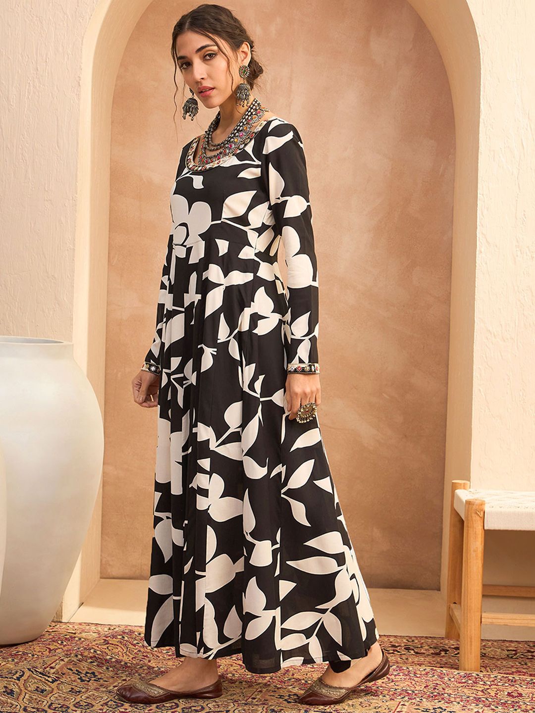 Floral Printed Mirror Work Anarkali Kurta with Trousers