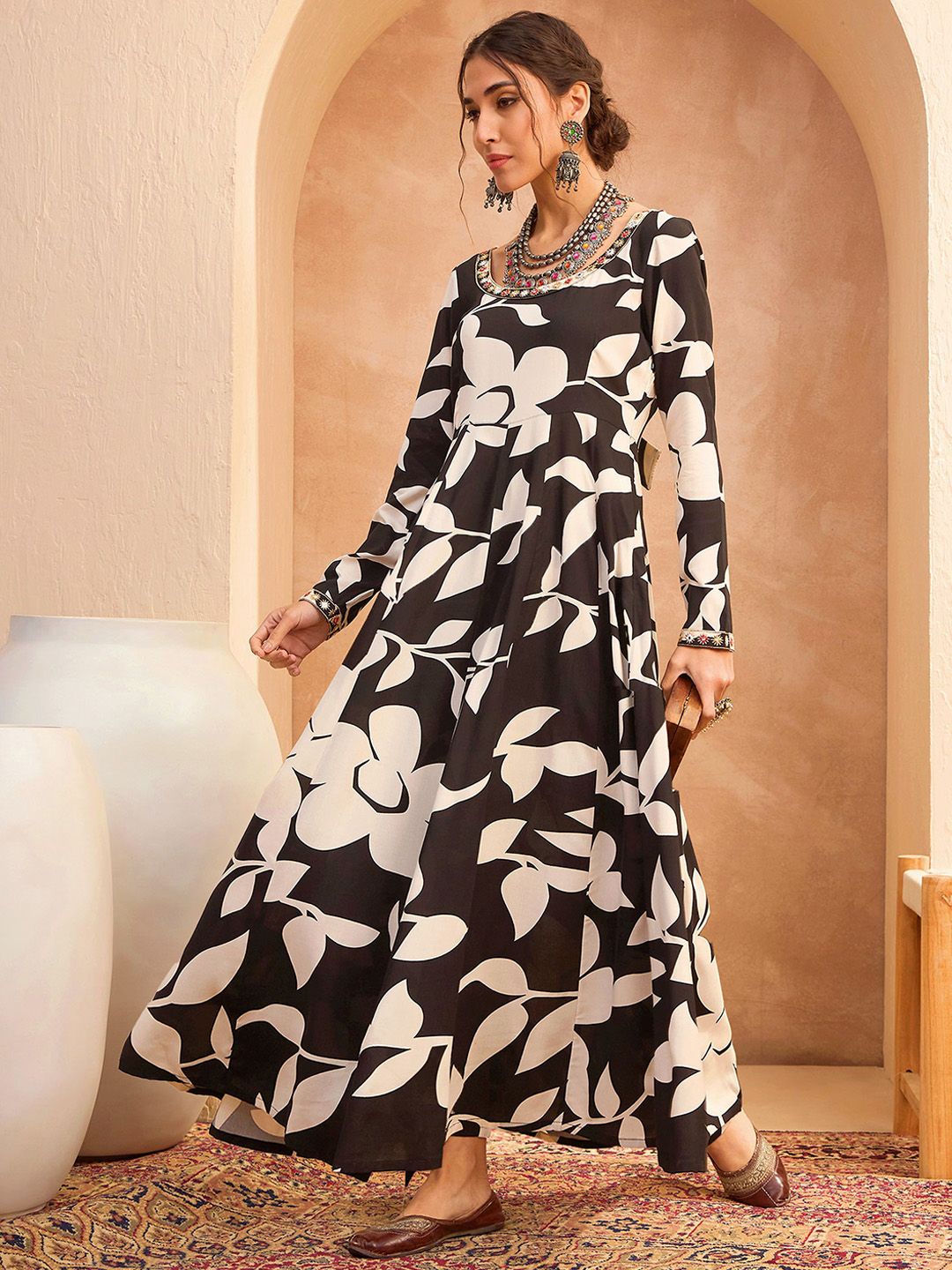 Floral Printed Mirror Work Anarkali Kurta with Trousers