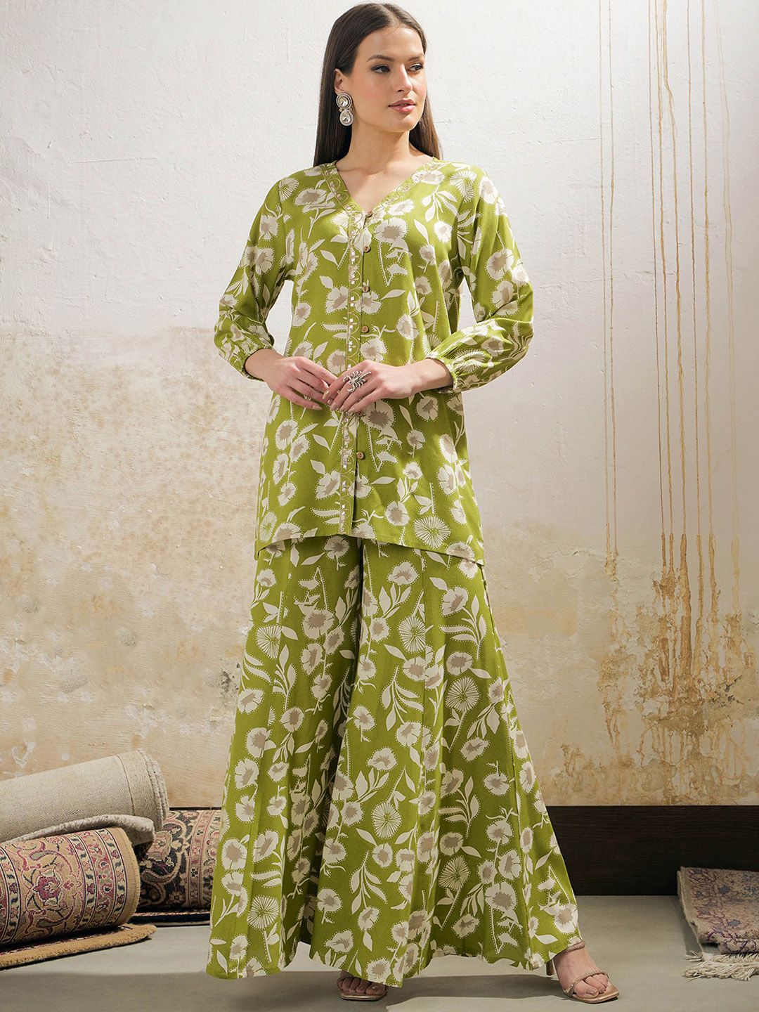 Floral Printed Mirror Work V Neck Shirt & Palazzos