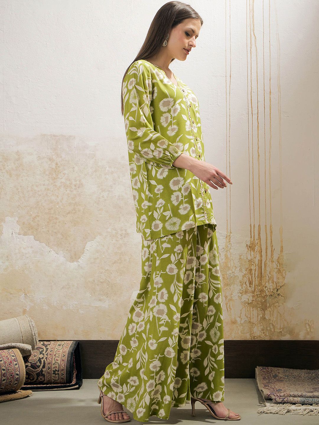 Floral Printed Mirror Work V Neck Shirt & Palazzos