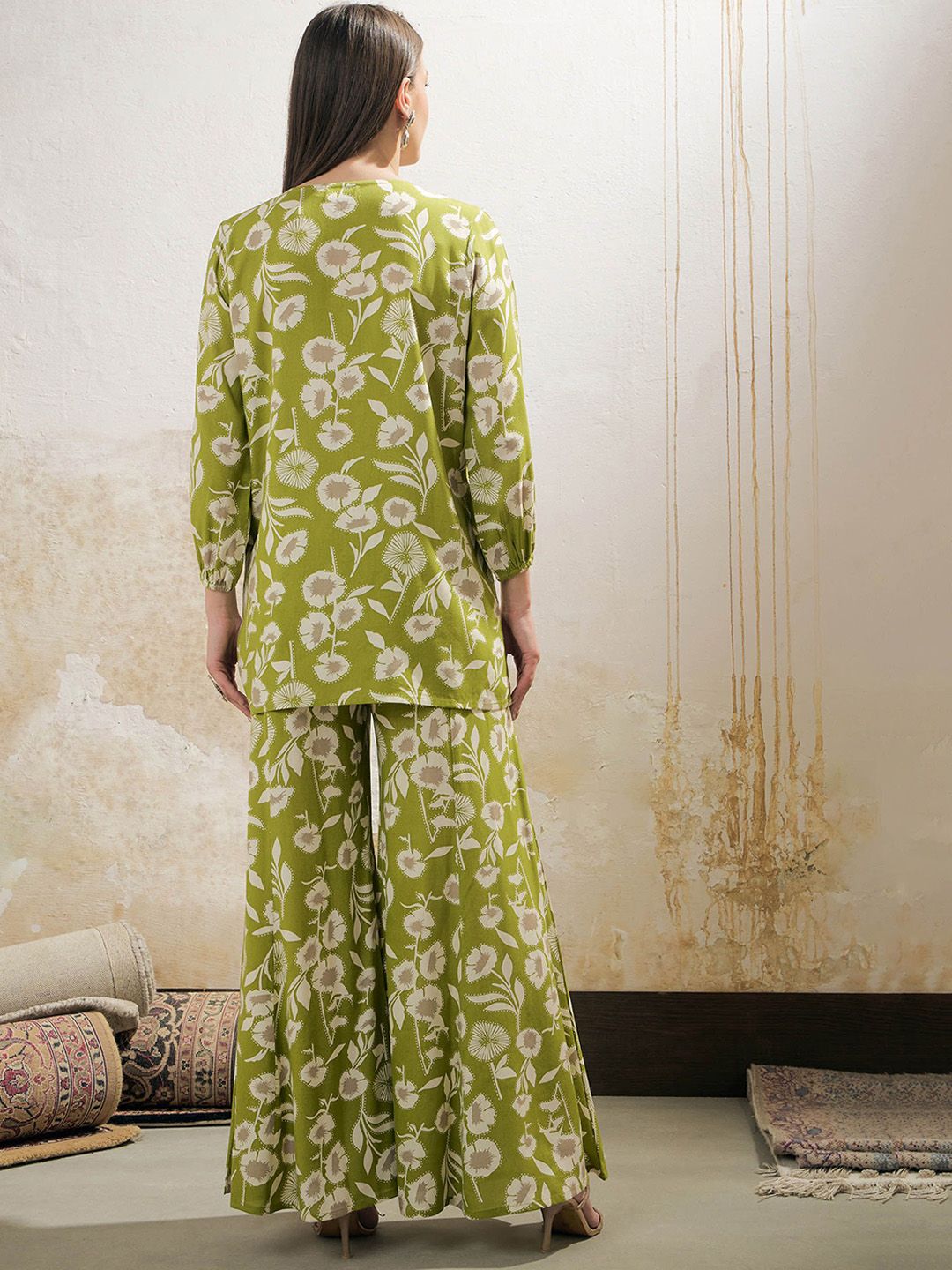 Floral Printed Mirror Work V Neck Shirt & Palazzos