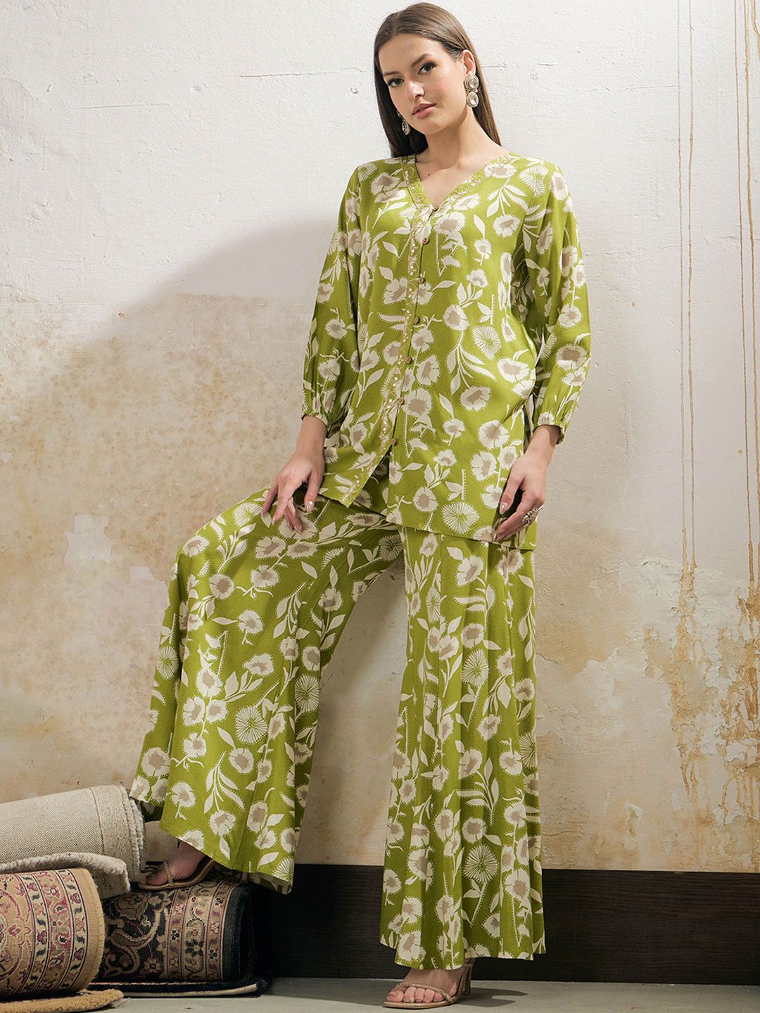 Floral Printed Mirror Work V Neck Shirt & Palazzos