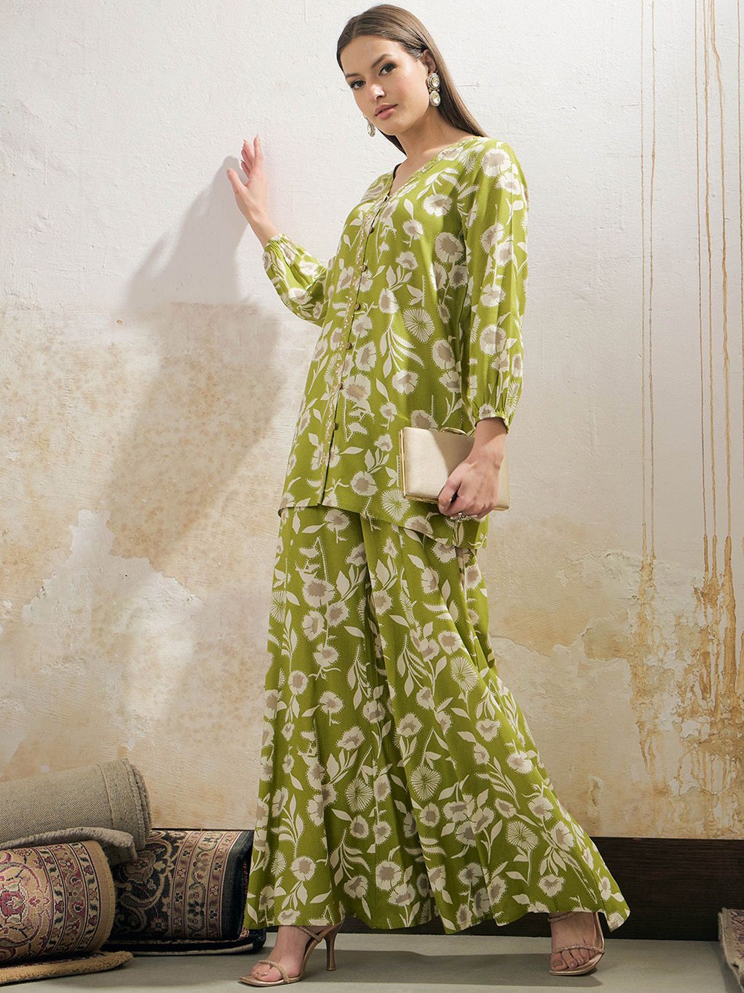 Floral Printed Mirror Work V Neck Shirt & Palazzos