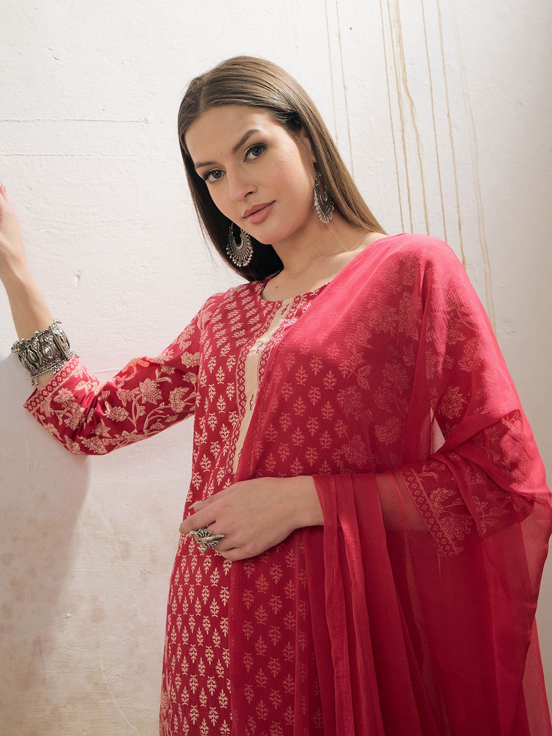 Floral Printed Panelled Mirror Work Pure Cotton Kurta Trousers & Dupatta