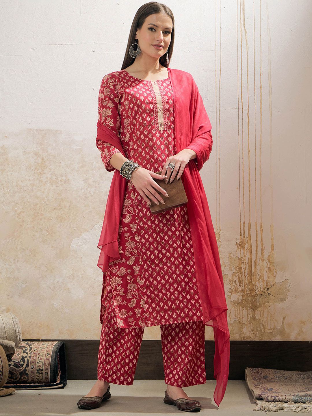 Floral Printed Panelled Mirror Work Pure Cotton Kurta Trousers & Dupatta