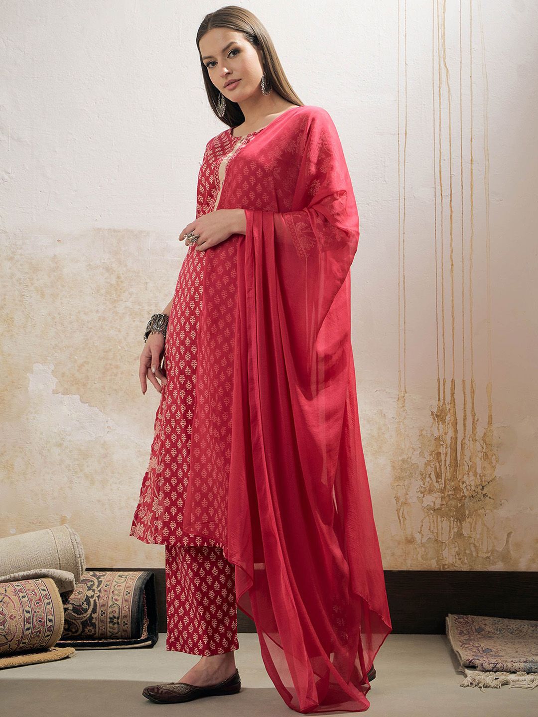 Floral Printed Panelled Mirror Work Pure Cotton Kurta Trousers & Dupatta