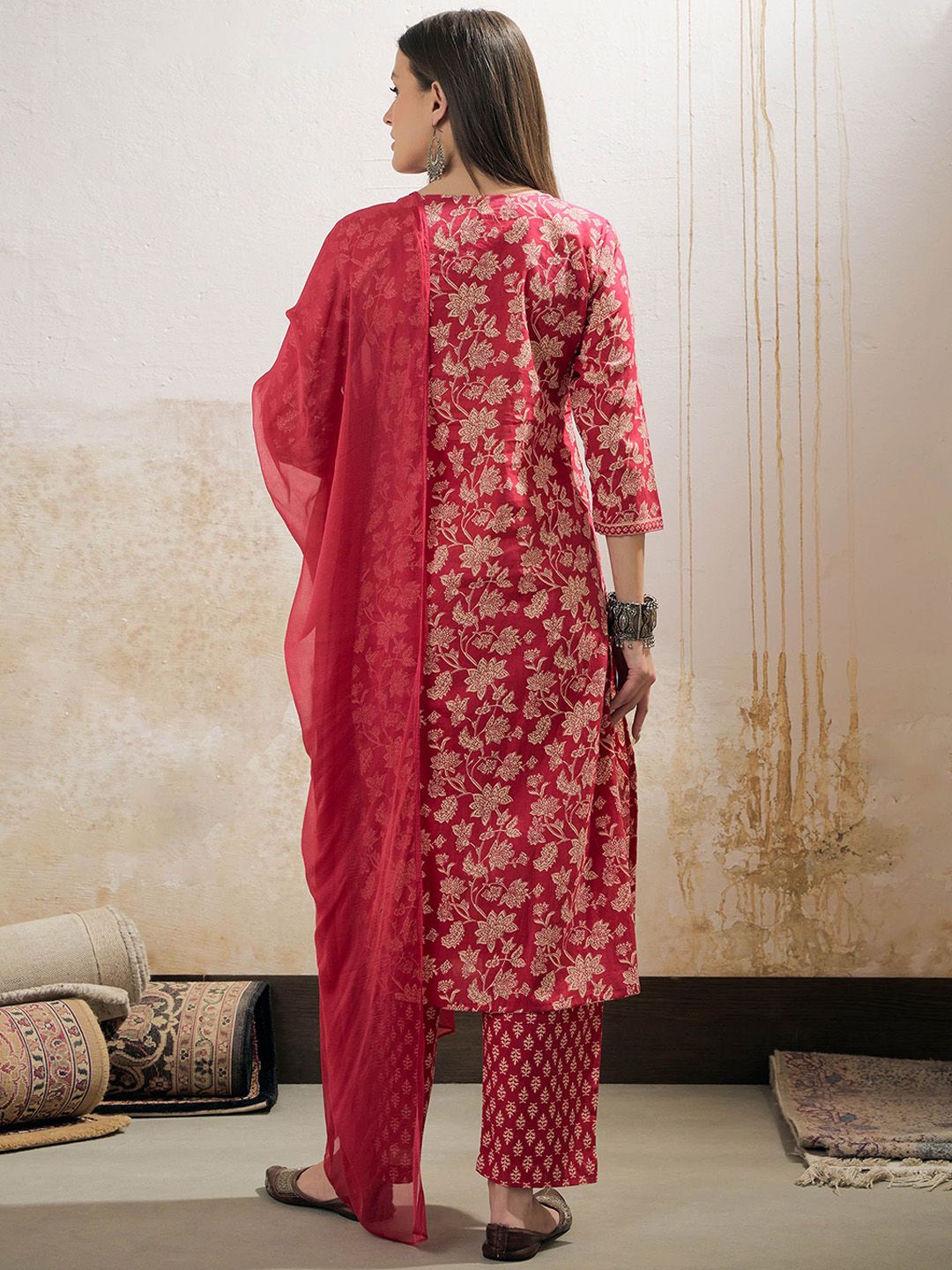 Floral Printed Panelled Mirror Work Pure Cotton Kurta Trousers & Dupatta
