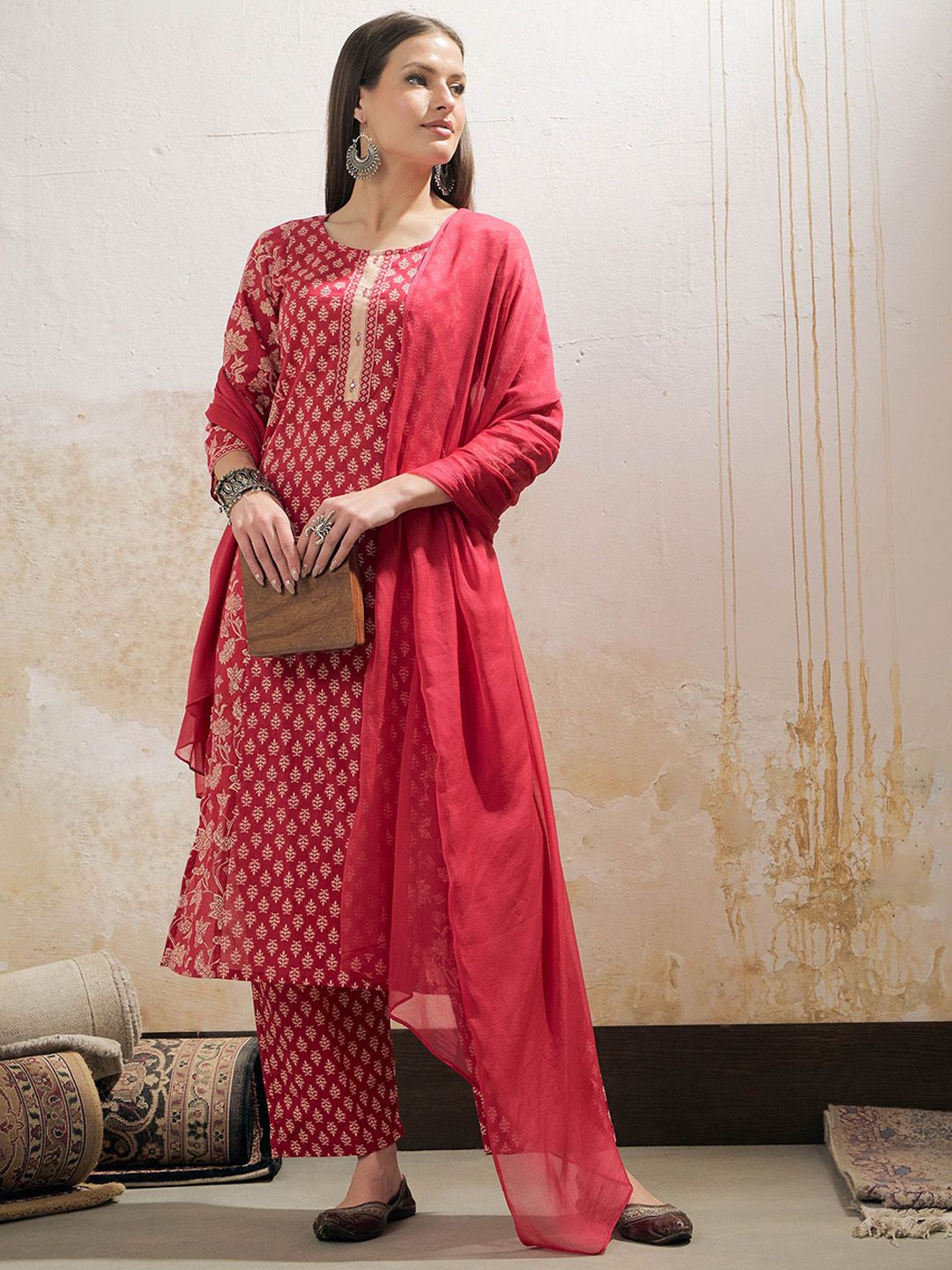 Floral Printed Panelled Mirror Work Pure Cotton Kurta Trousers & Dupatta