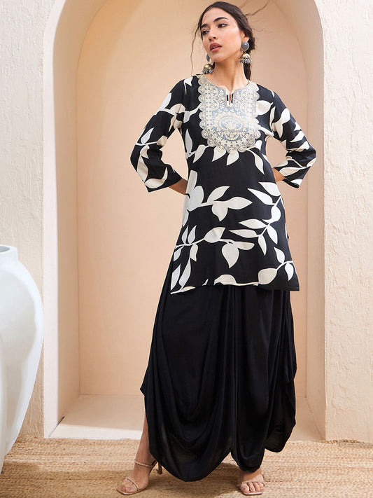 Floral Printed Patchwork Straight Kurti with Dhoti Pants