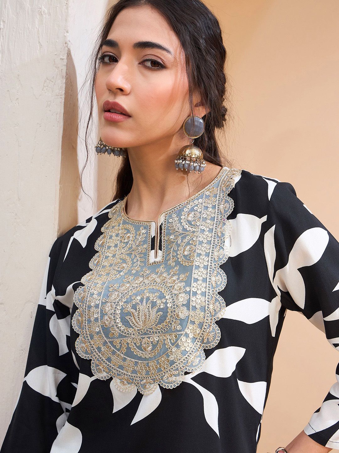 Floral Printed Patchwork Straight Kurti with Dhoti Pants