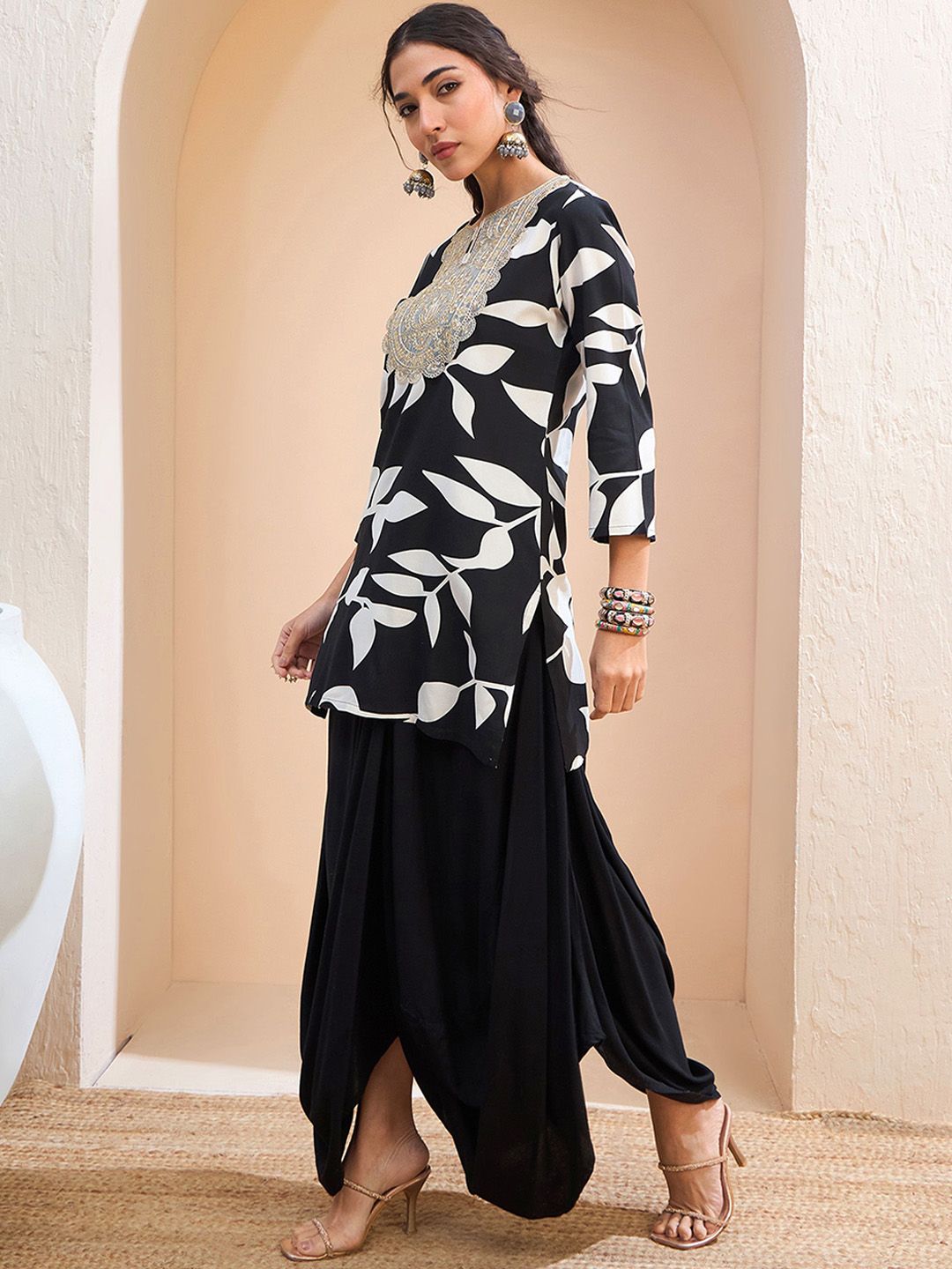 Floral Printed Patchwork Straight Kurti with Dhoti Pants
