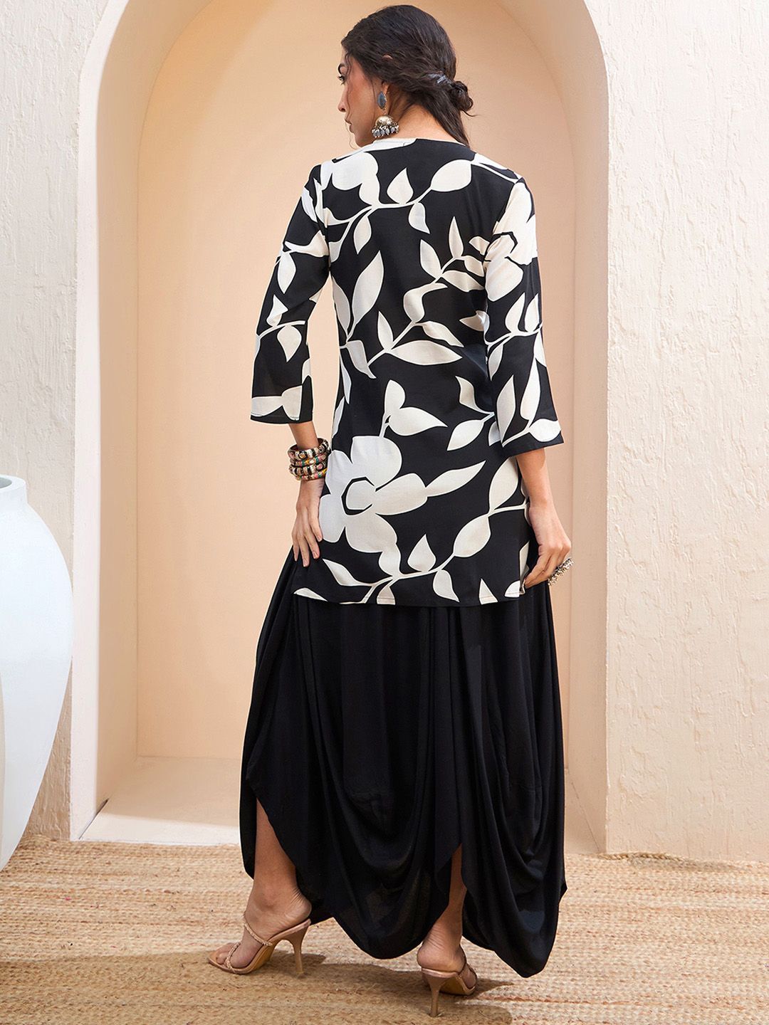 Floral Printed Patchwork Straight Kurti with Dhoti Pants