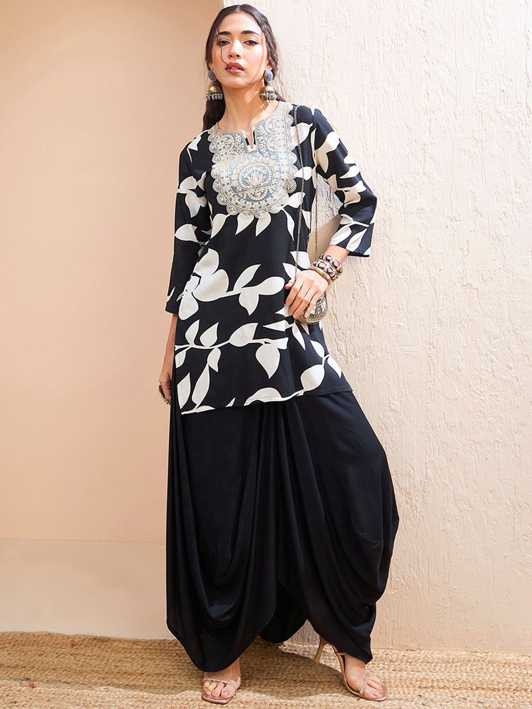 Floral Printed Patchwork Straight Kurti with Dhoti Pants