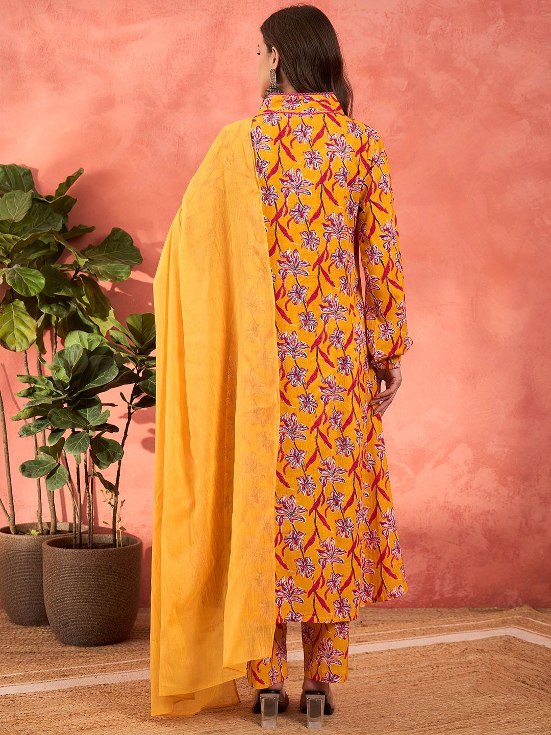 Floral Printed Pleated V-Neck Pure Cotton Kurta With Trousers & Dupatta